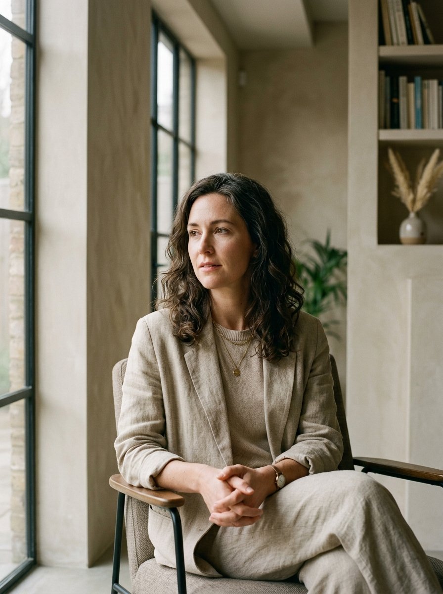 Fotografia editorial de Helena Vasconcellos em seu ambiente de atendimento banhado por luz natural